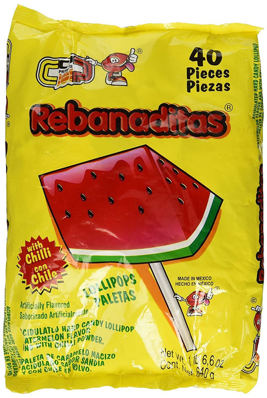 Rebanaditas Sandia Paleta Watermelon Flavored Lollipops Mexican Candy, 1 Bag (40 PIECES)